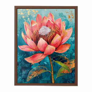 Teal Waratah Bloom modern Australian floral canvas art for living room decor.