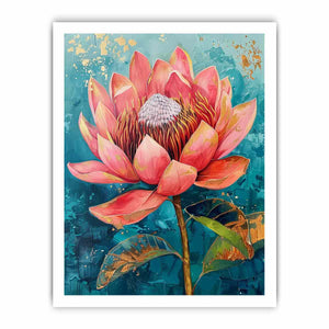 Teal Waratah Bloom modern Australian floral canvas art for living room decor.