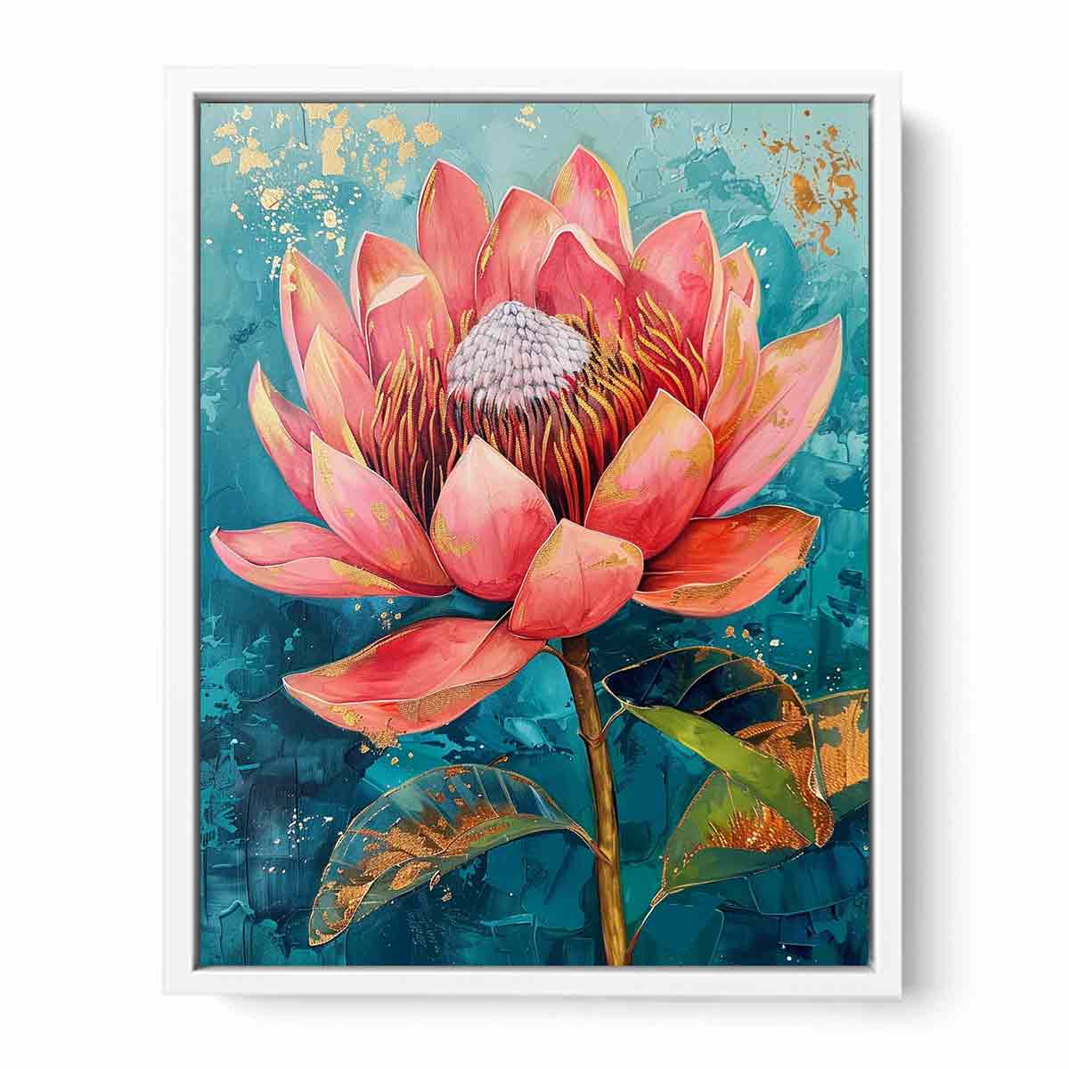 Teal Waratah Bloom modern Australian floral canvas art for living room decor.