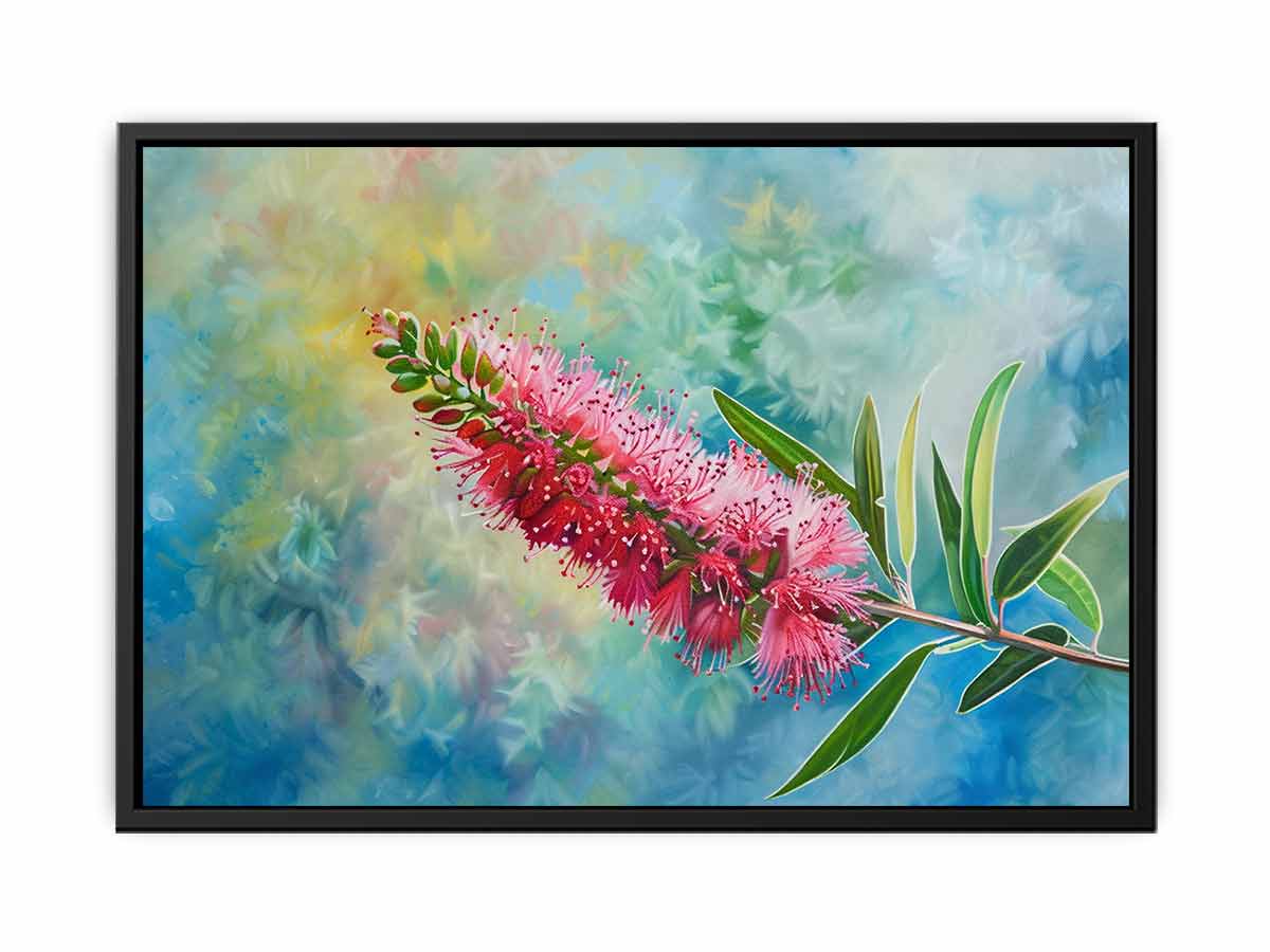 Bottlebrush Breeze soft botanical canvas print for bedroom decor.
