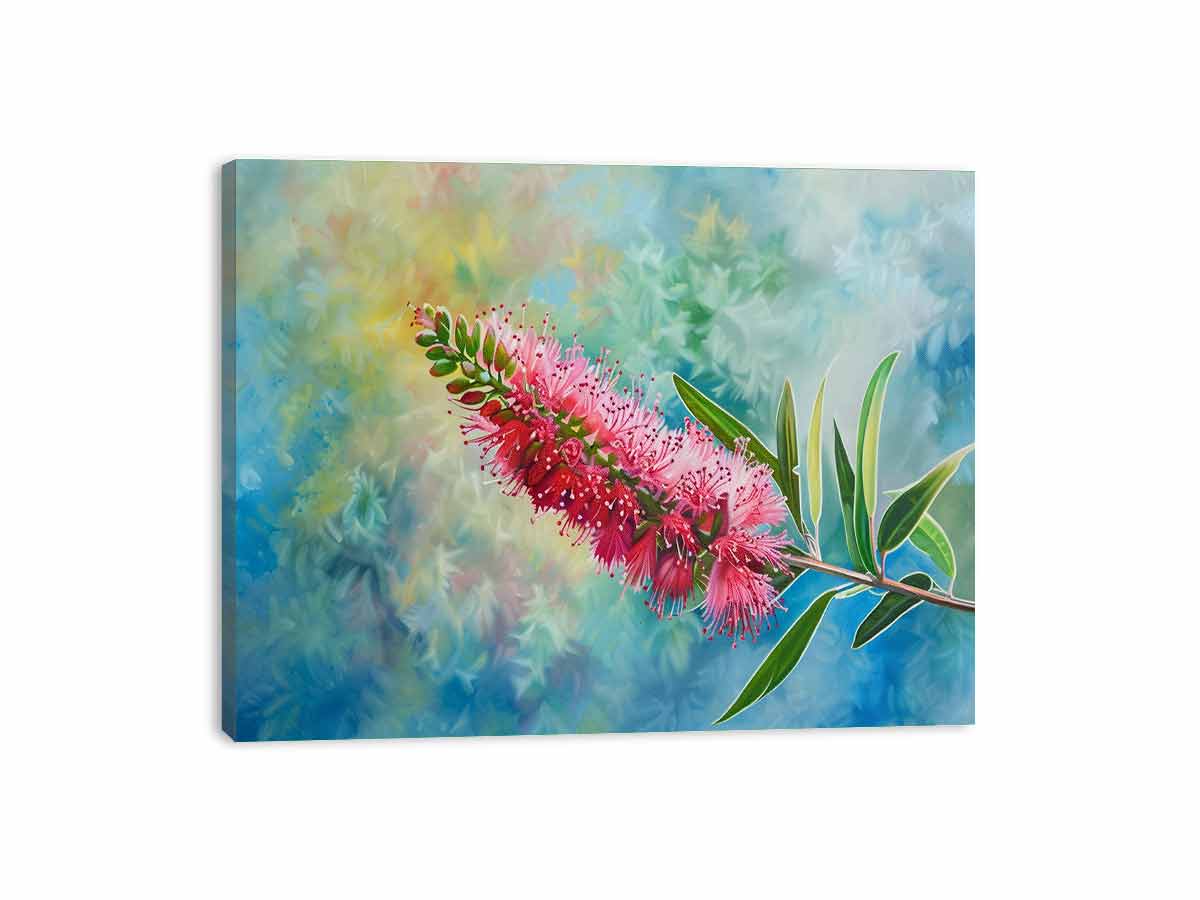 Bottlebrush Breeze soft botanical canvas print for bedroom decor.