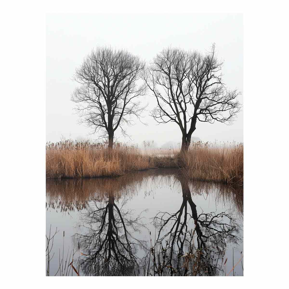 Misty winter trees reflected in still marsh water for serene vertical wall art.