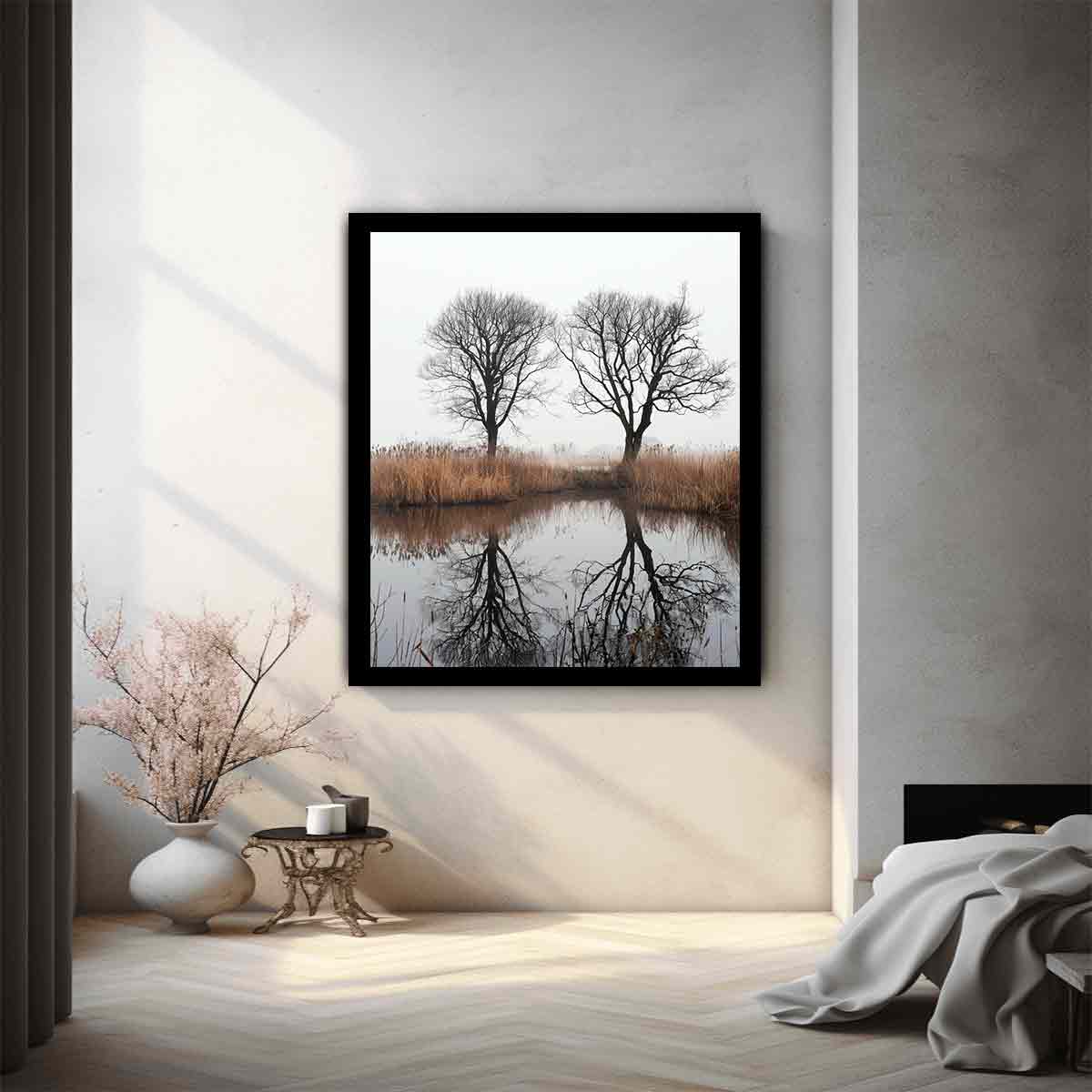 Misty winter trees reflected in still marsh water for serene vertical wall art.
