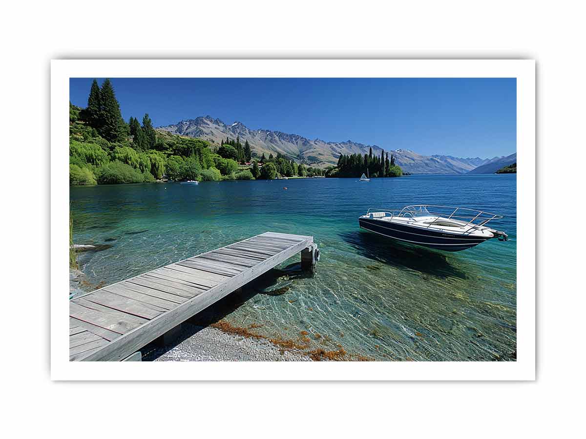 Mountain lake canvas art with dock, boat and clear blue water for modern interiors.