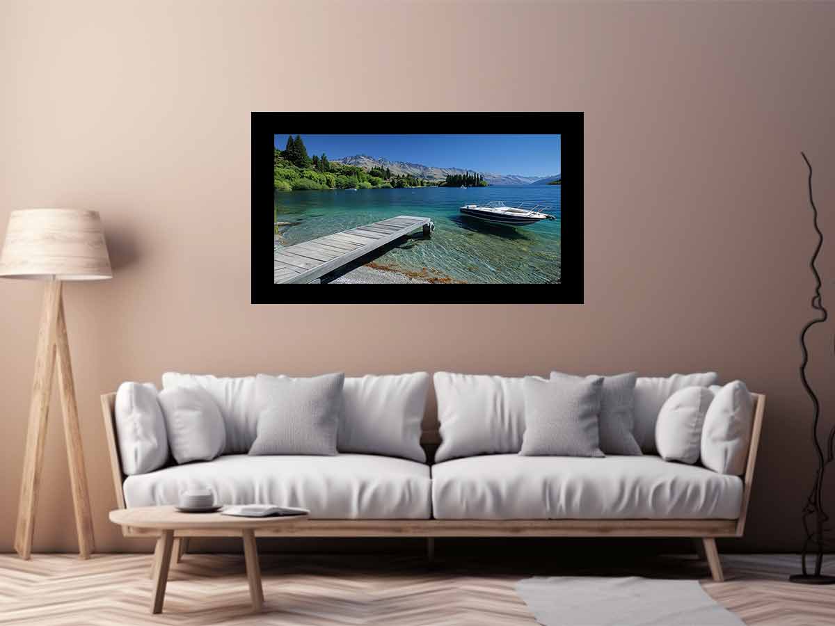 Mountain lake canvas art with dock, boat and clear blue water for modern interiors.