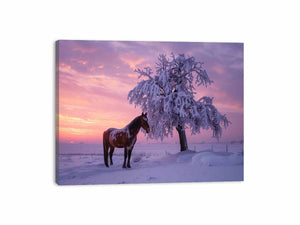 Horse beside frosted winter tree under violet sunset sky for peaceful wall art.