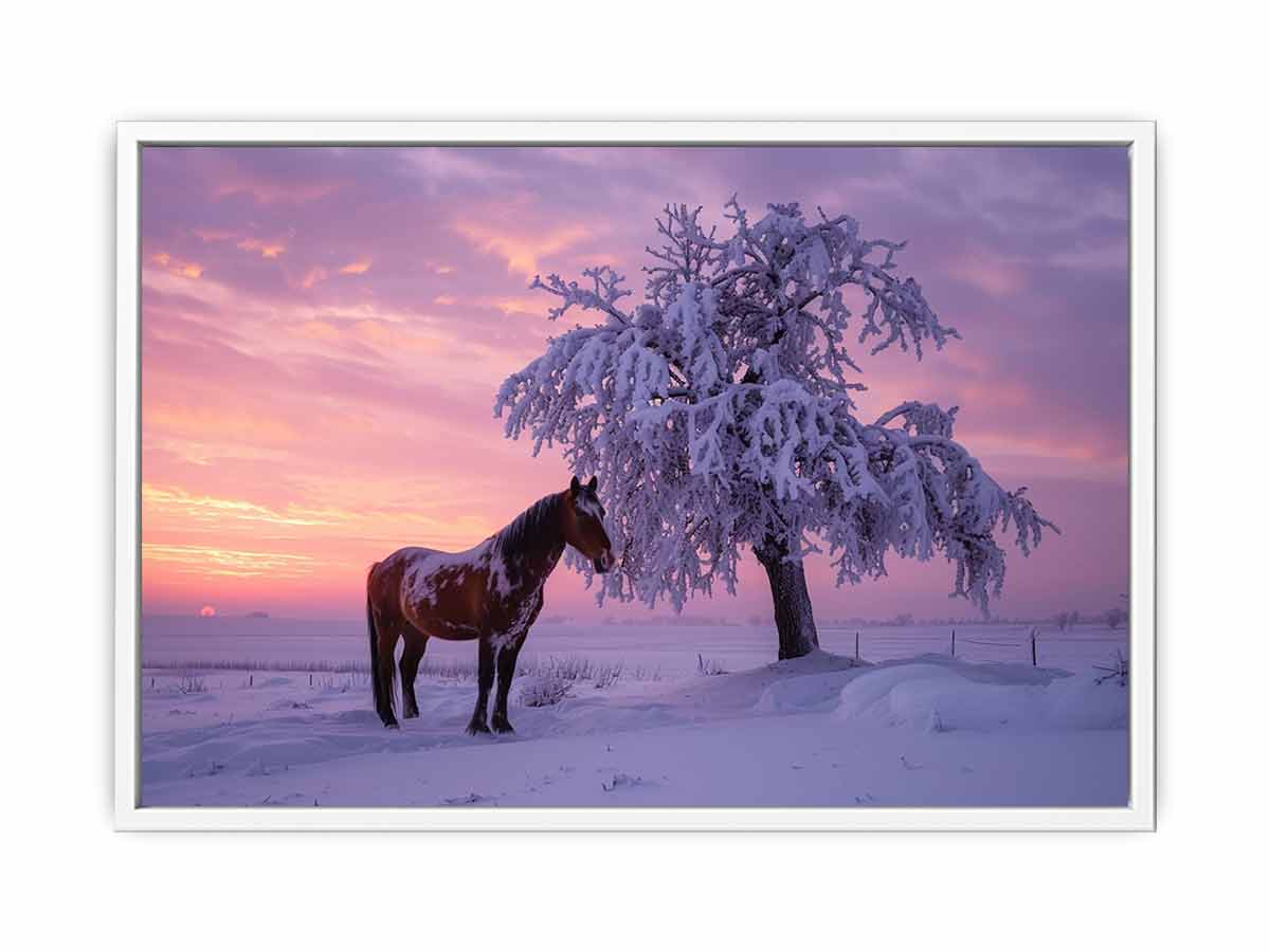 Horse beside frosted winter tree under violet sunset sky for peaceful wall art.