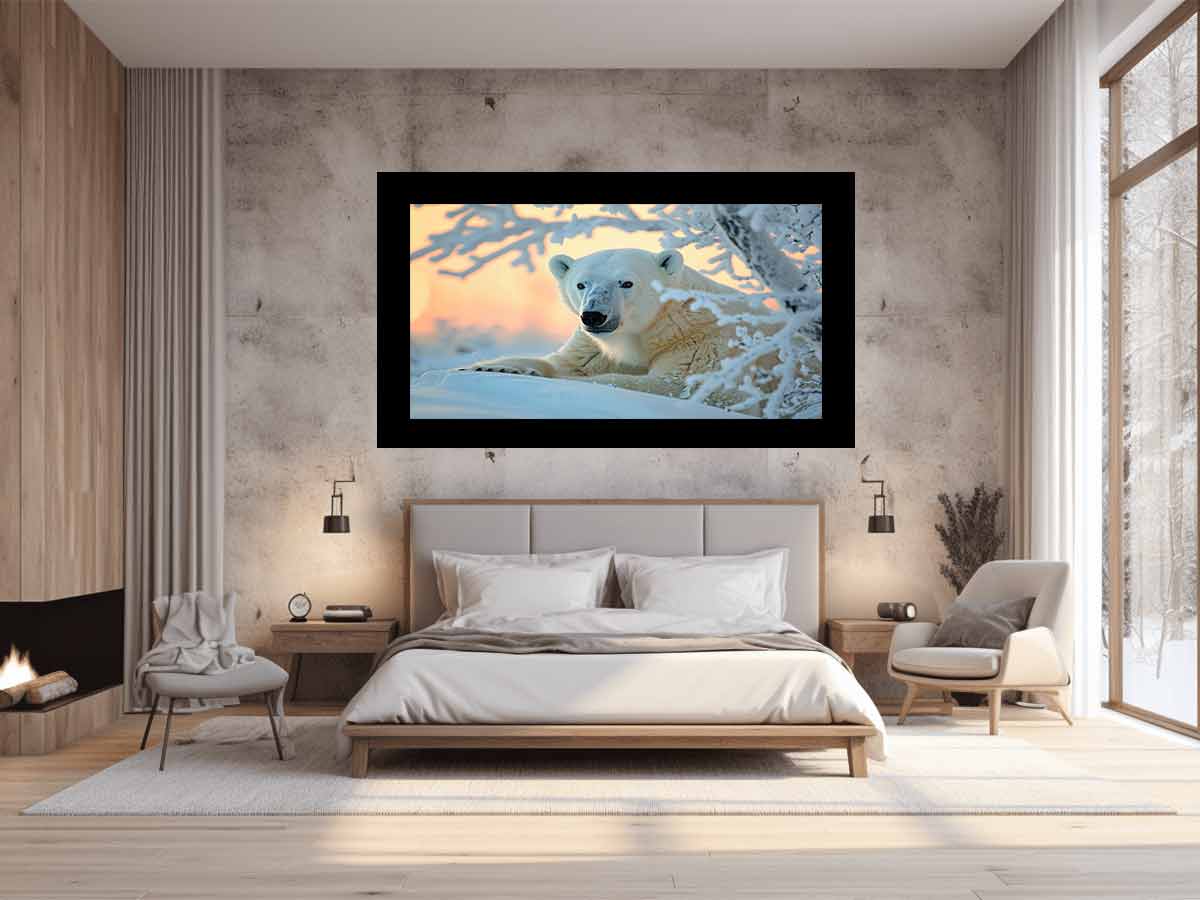 Polar bear resting in snowy Arctic scene for serene wildlife canvas wall art.