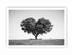 Black and white lone heart-shaped tree canvas art for minimalist room decor.