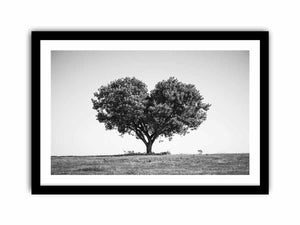 Black and white lone heart-shaped tree canvas art for minimalist room decor.