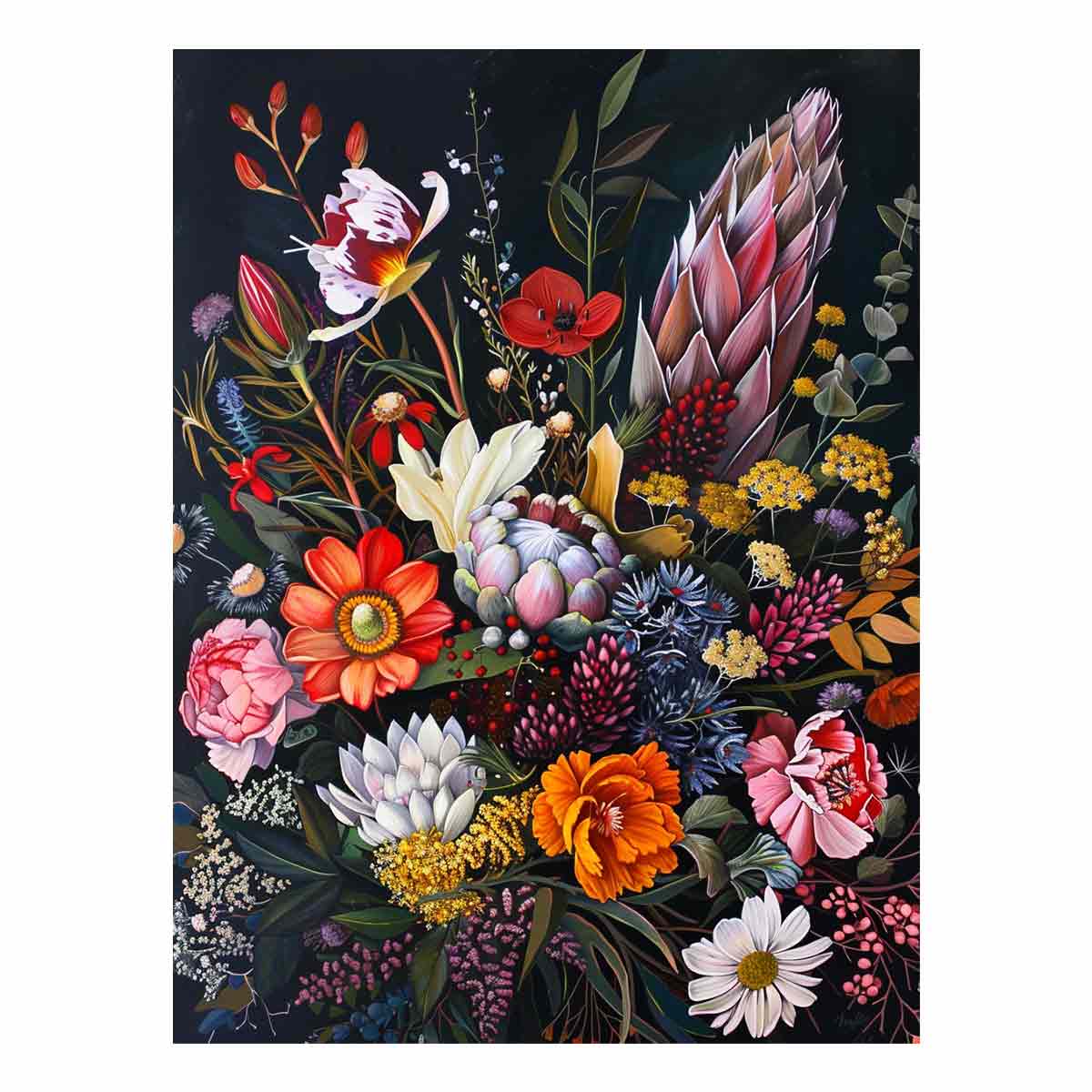 Dark botanical floral canvas art with native blooms for elegant living room decor.