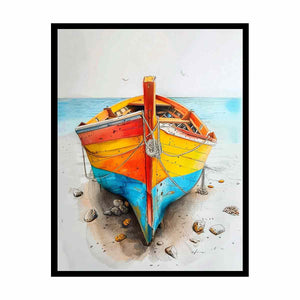 Colorful wooden boat watercolor canvas art for coastal home decor.