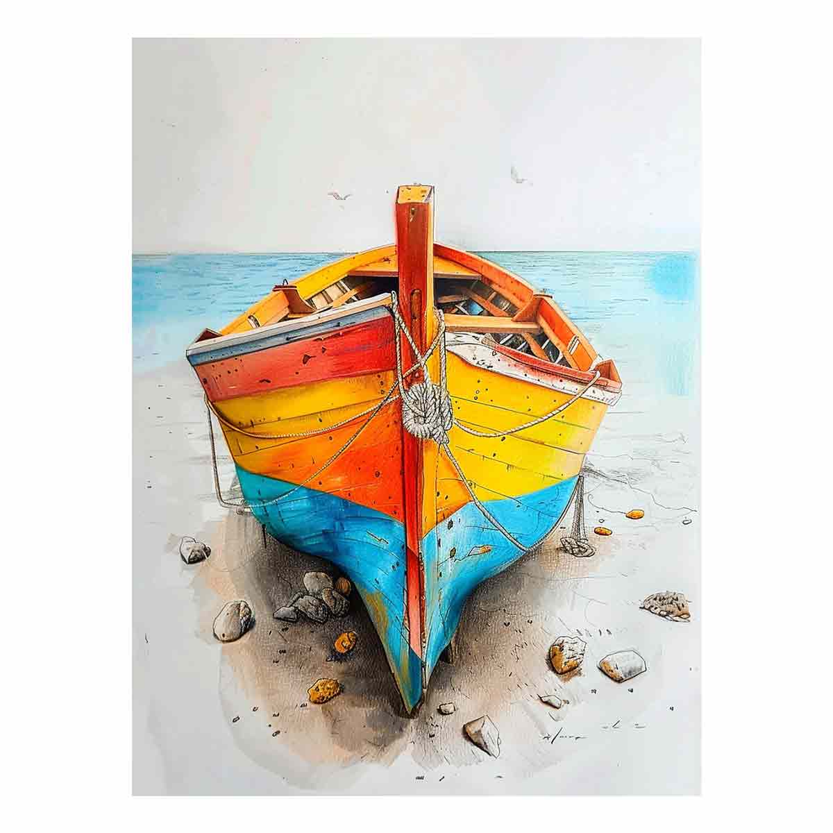 Colorful wooden boat watercolor canvas art for coastal home decor.