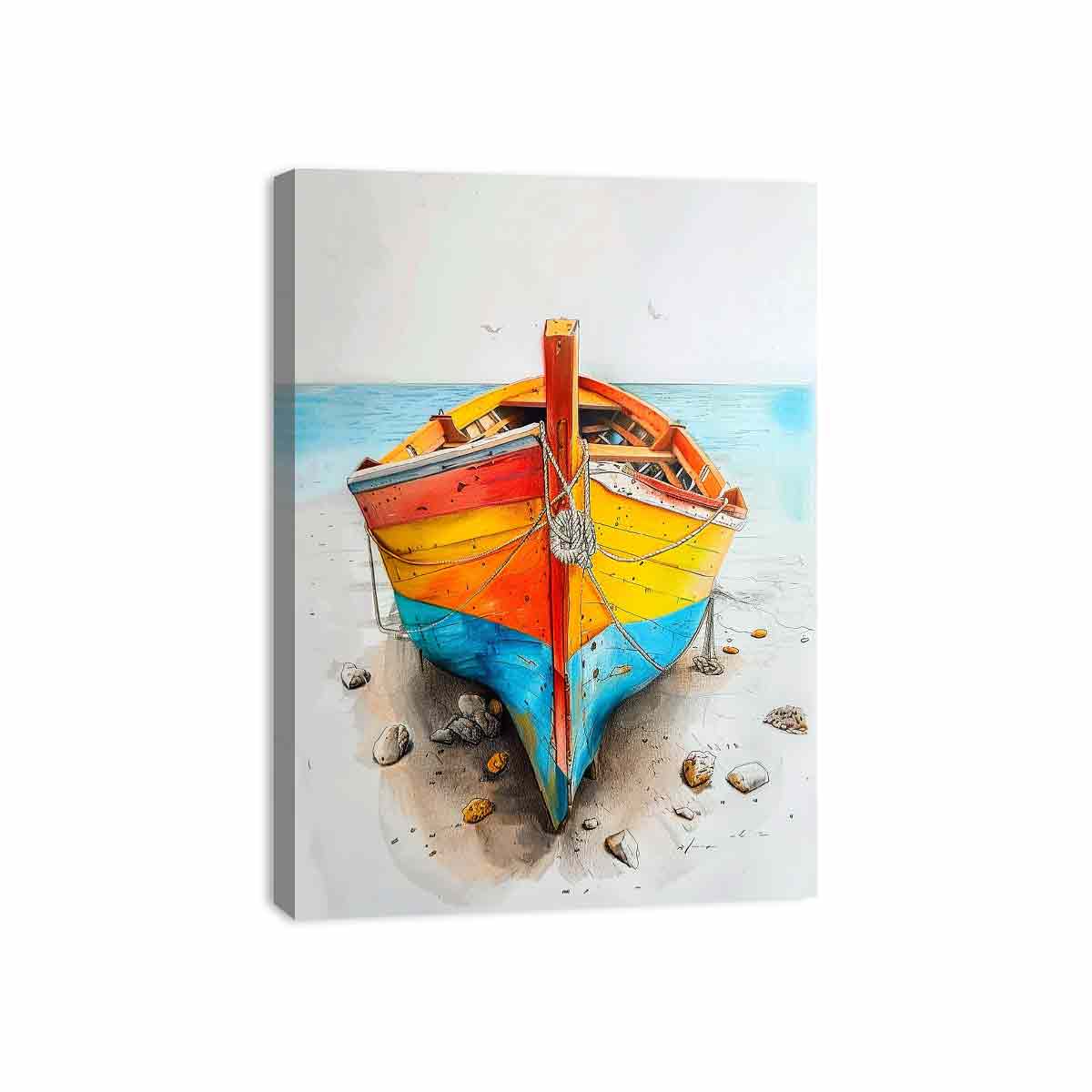 Colorful wooden boat watercolor canvas art for coastal home decor.
