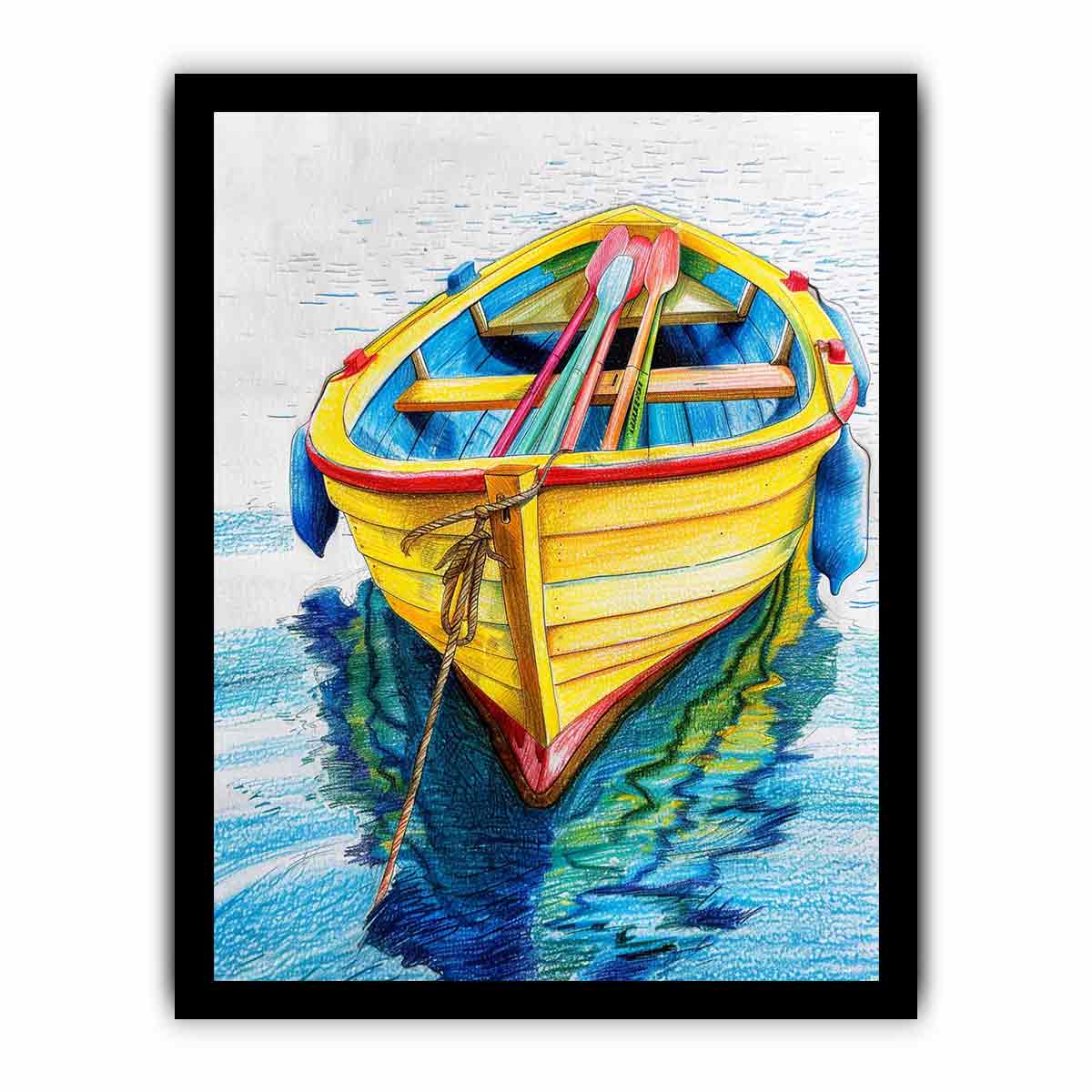 Yellow rowboat with oars and water reflection for colorful coastal canvas art.