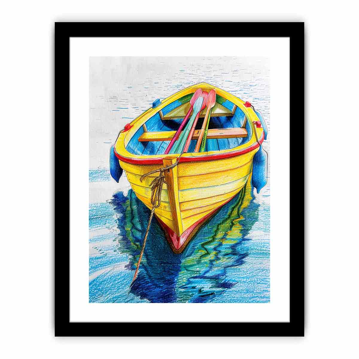 Yellow rowboat with oars and water reflection for colorful coastal canvas art.
