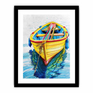 Yellow rowboat with oars and water reflection for colorful coastal canvas art.