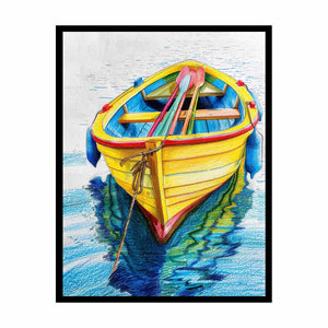 Yellow rowboat with oars and water reflection for colorful coastal canvas art.