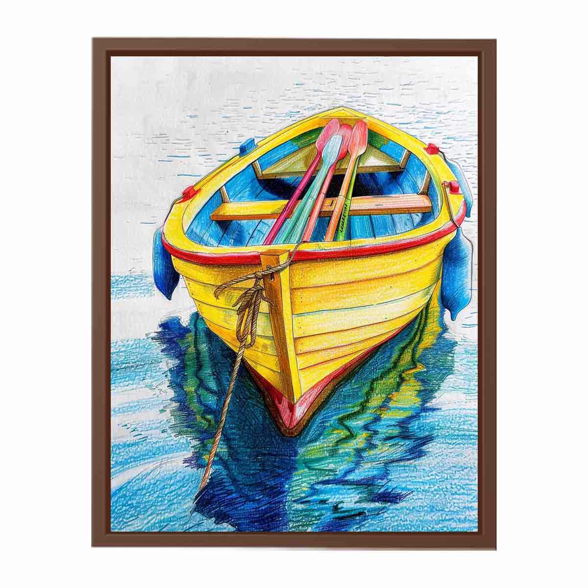 Yellow rowboat with oars and water reflection for colorful coastal canvas art.