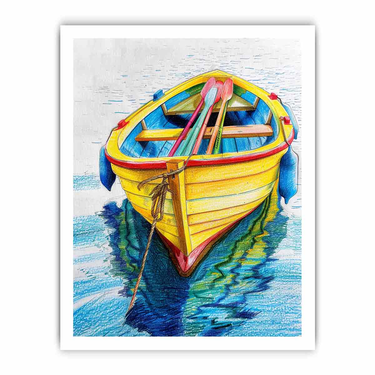 Yellow rowboat with oars and water reflection for colorful coastal canvas art.