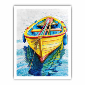 Yellow rowboat with oars and water reflection for colorful coastal canvas art.