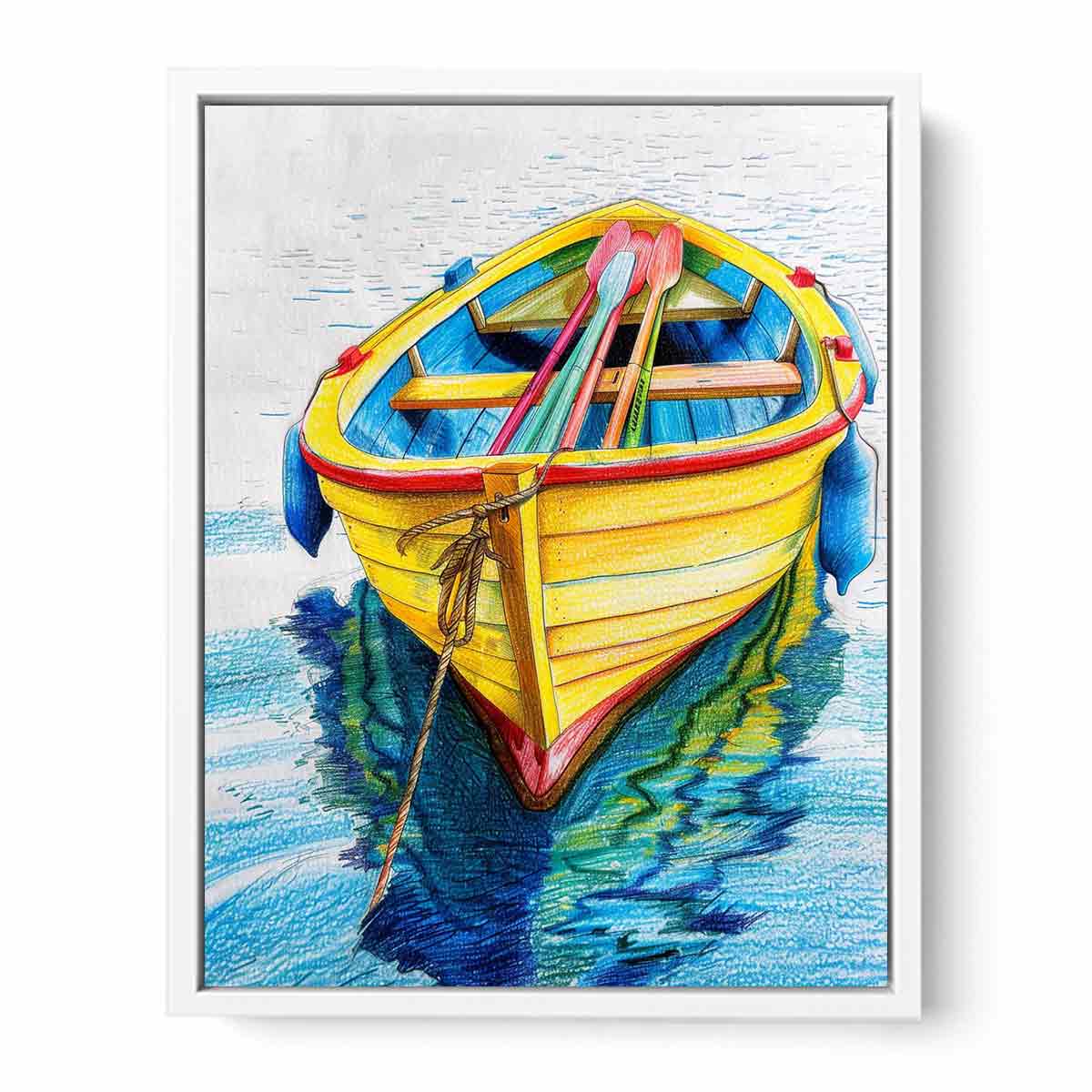 Yellow rowboat with oars and water reflection for colorful coastal canvas art.