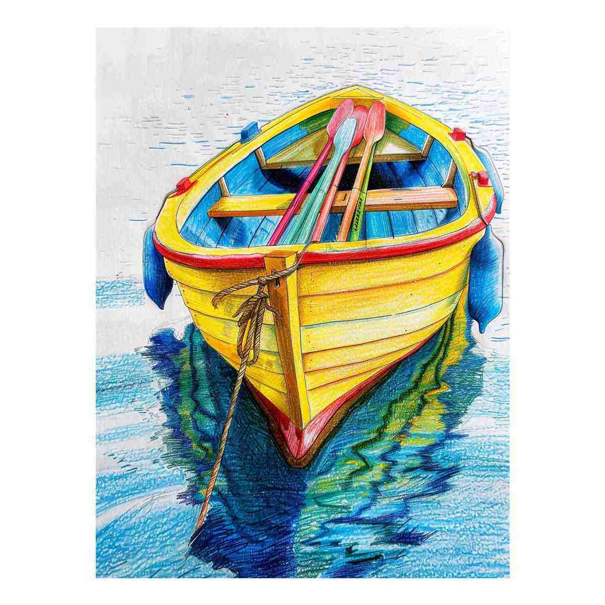 Yellow rowboat with oars and water reflection for colorful coastal canvas art.