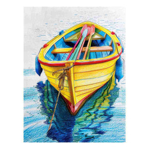 Yellow rowboat with oars and water reflection for colorful coastal canvas art.