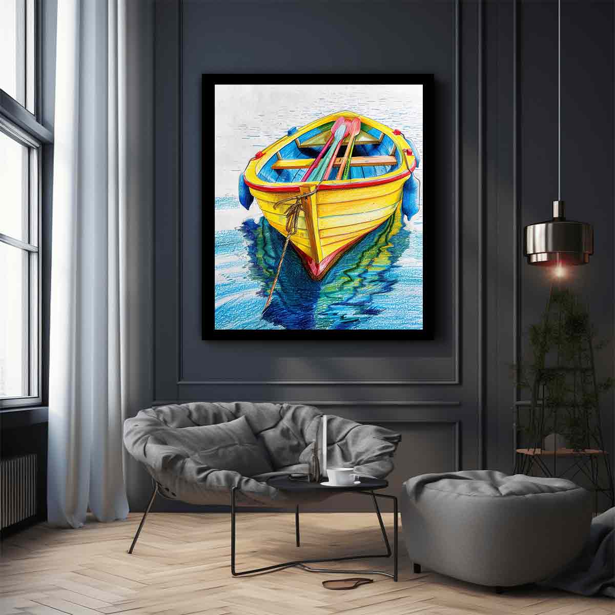 Yellow rowboat with oars and water reflection for colorful coastal canvas art.