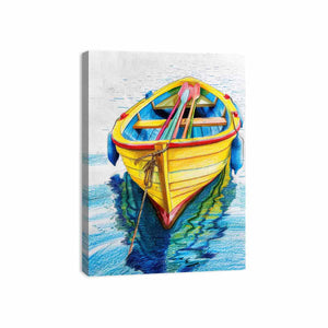 Yellow rowboat with oars and water reflection for colorful coastal canvas art.