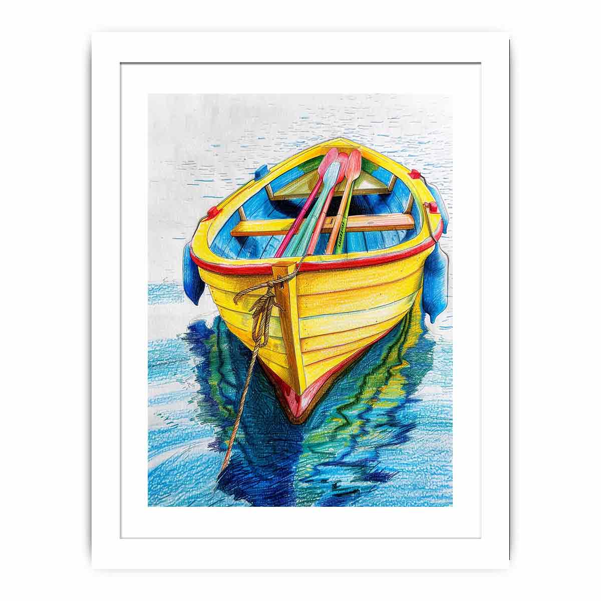 Yellow rowboat with oars and water reflection for colorful coastal canvas art.