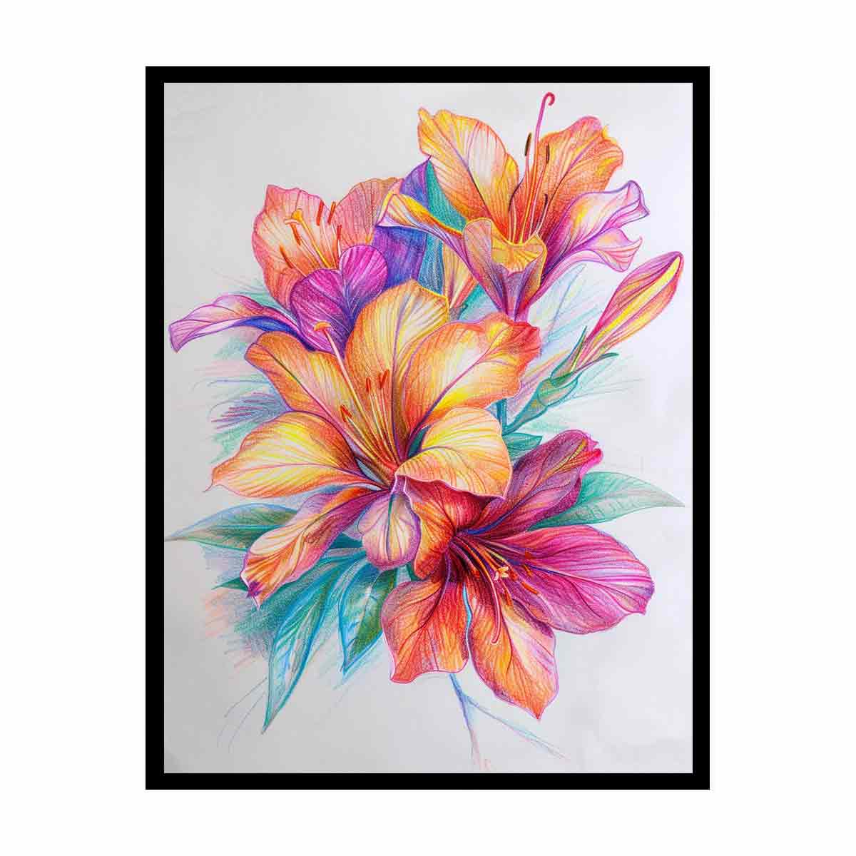 Colorful lily flower sketch canvas art for bright botanical room decor.