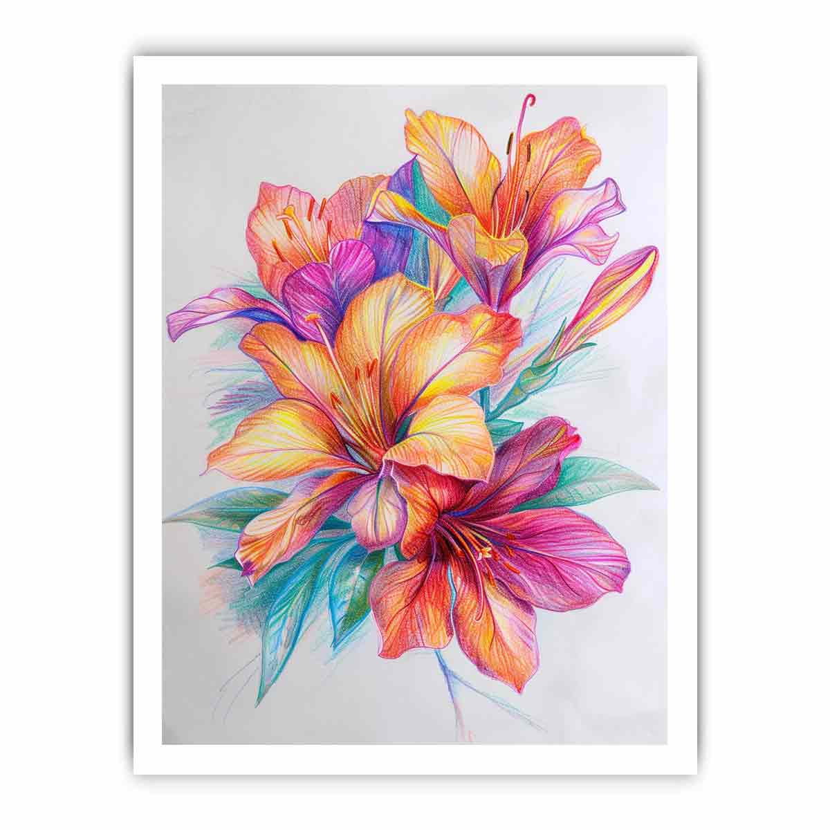 Colorful lily flower sketch canvas art for bright botanical room decor.