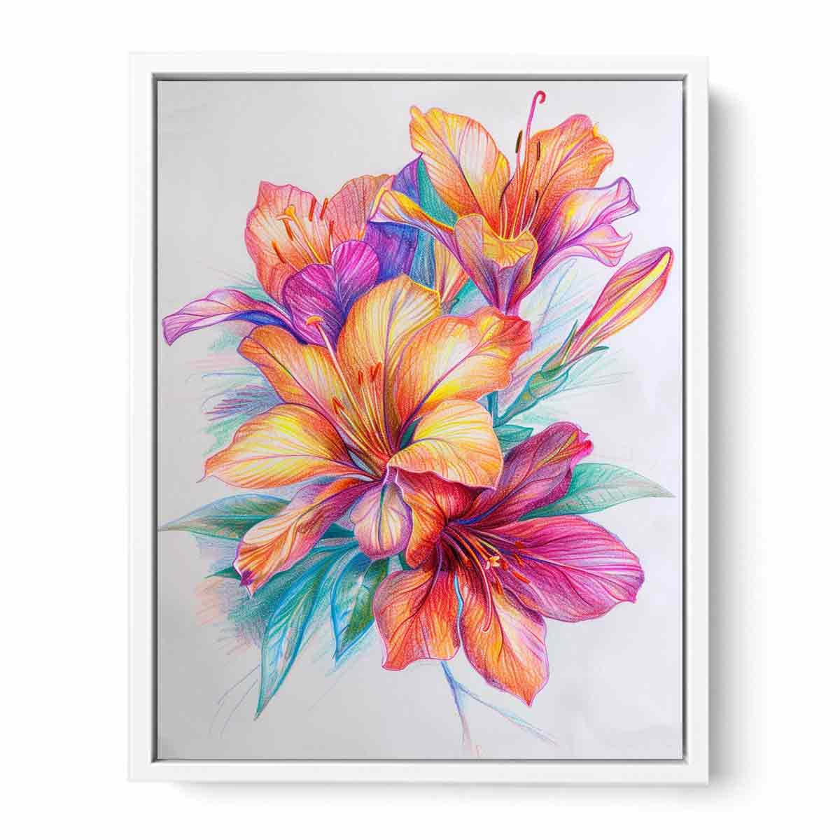 Colorful lily flower sketch canvas art for bright botanical room decor.