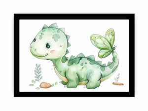 Cute green dinosaur and butterfly watercolor canvas art for nursery decor.