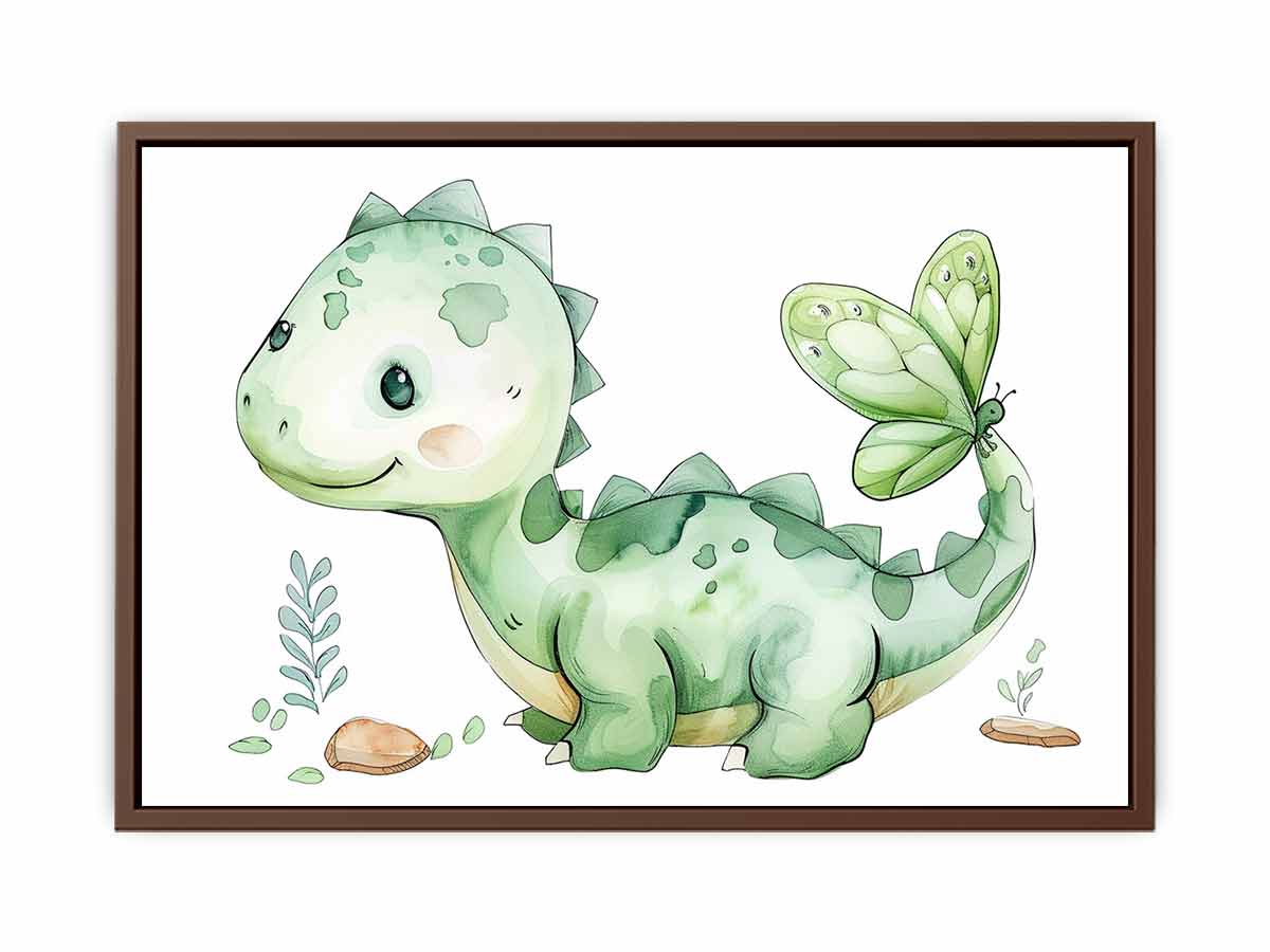 Cute green dinosaur and butterfly watercolor canvas art for nursery decor.