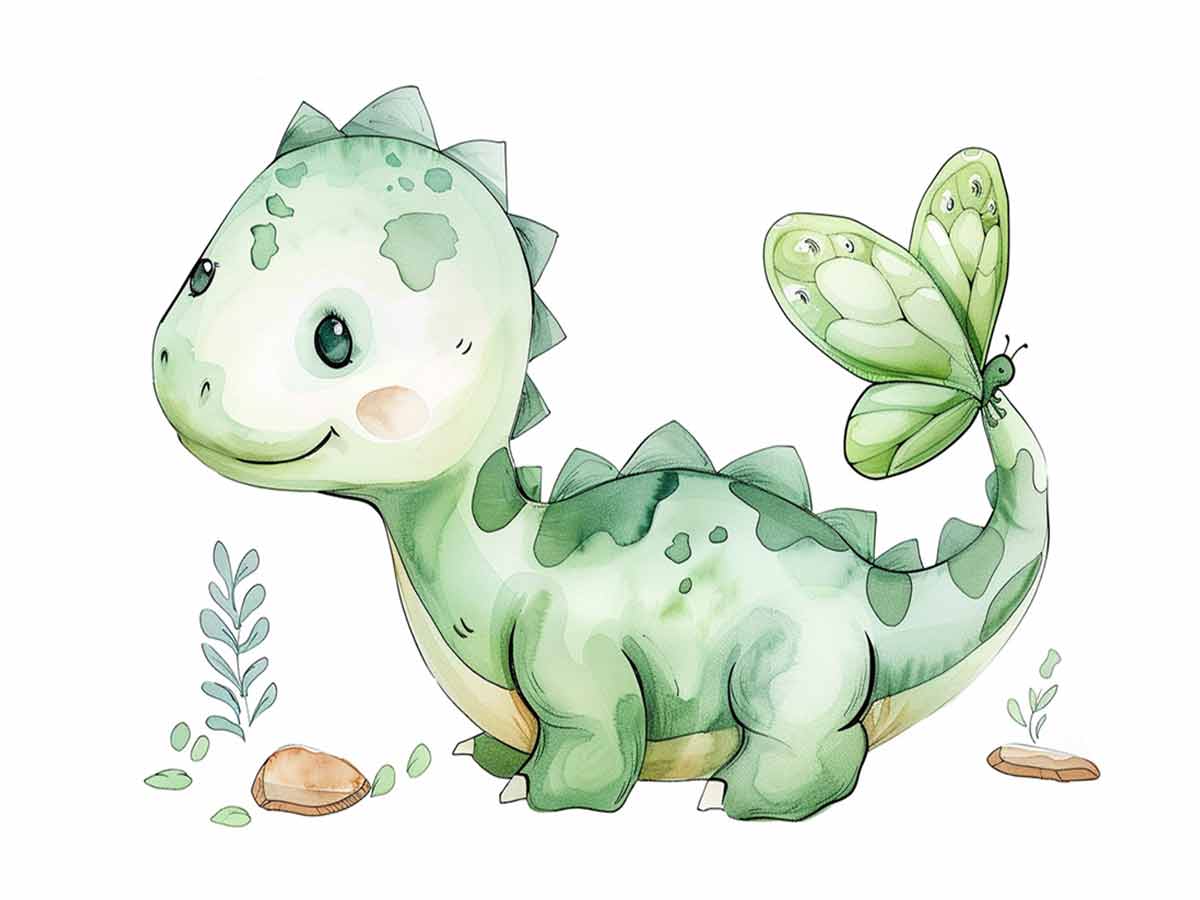 Cute green dinosaur and butterfly watercolor canvas art for nursery decor.