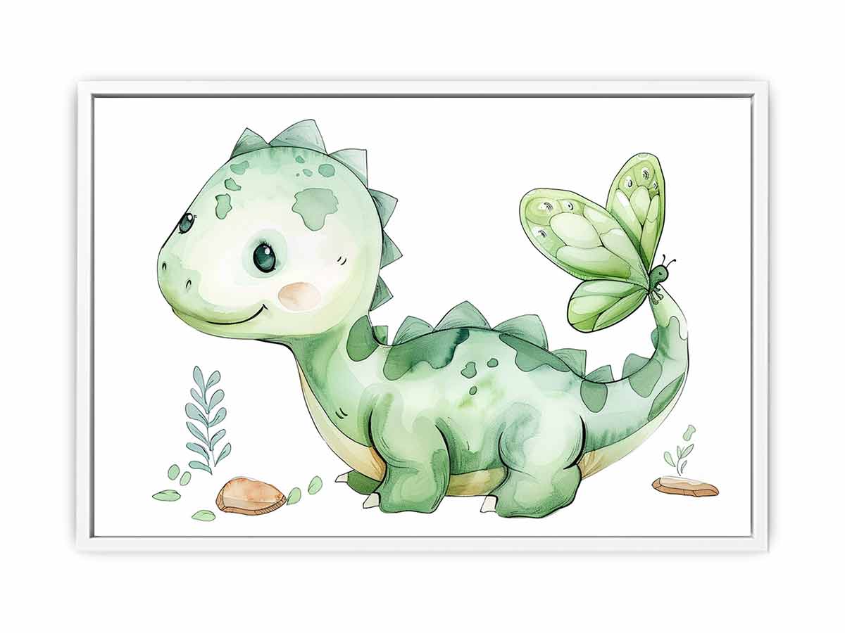 Cute green dinosaur and butterfly watercolor canvas art for nursery decor.