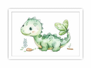 Cute green dinosaur and butterfly watercolor canvas art for nursery decor.