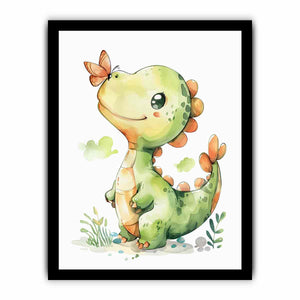 Cute green dinosaur with orange butterfly watercolor art for nursery wall decor.