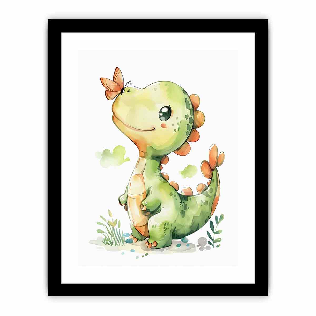 Cute green dinosaur with orange butterfly watercolor art for nursery wall decor.
