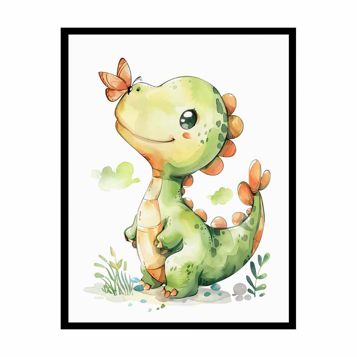 Cute green dinosaur with orange butterfly watercolor art for nursery wall decor.