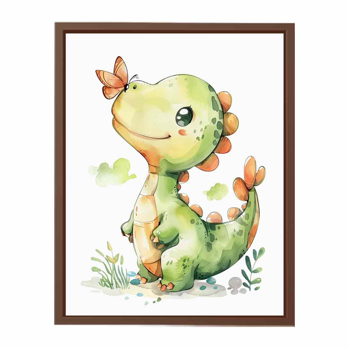 Cute green dinosaur with orange butterfly watercolor art for nursery wall decor.