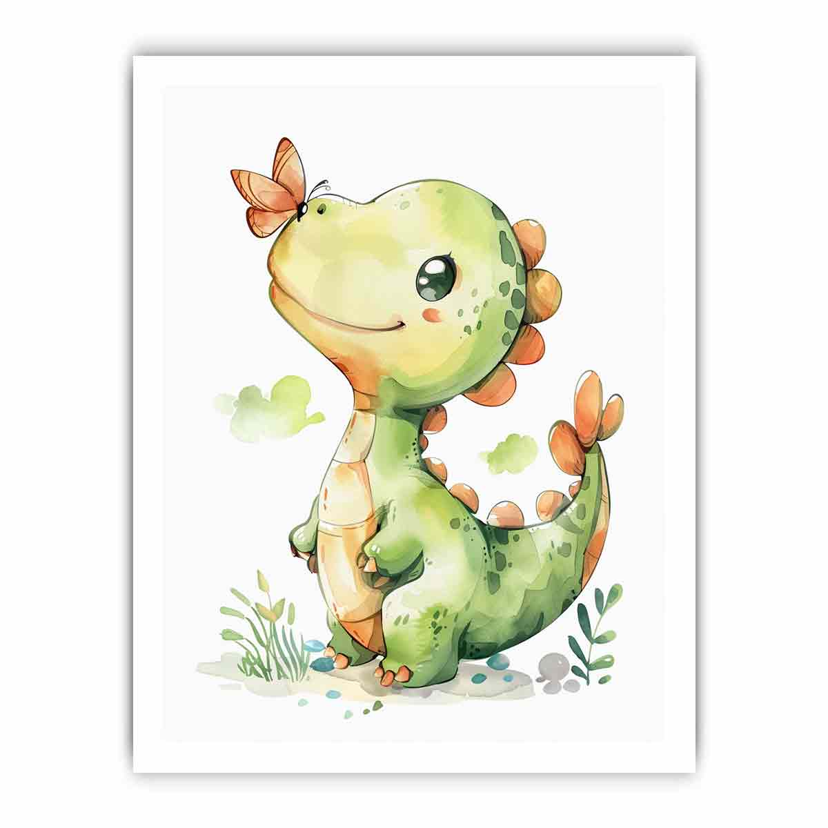 Cute green dinosaur with orange butterfly watercolor art for nursery wall decor.