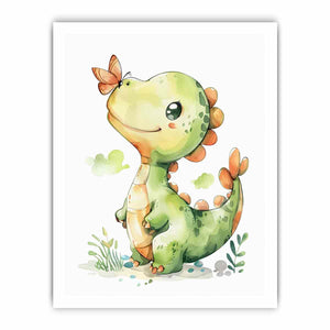 Cute green dinosaur with orange butterfly watercolor art for nursery wall decor.