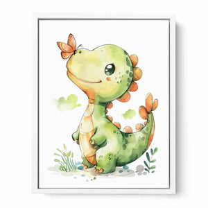 Cute green dinosaur with orange butterfly watercolor art for nursery wall decor.