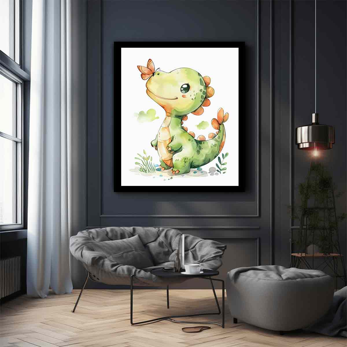Cute green dinosaur with orange butterfly watercolor art for nursery wall decor.