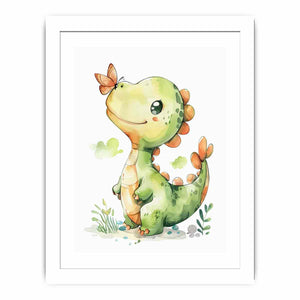 Cute green dinosaur with orange butterfly watercolor art for nursery wall decor.