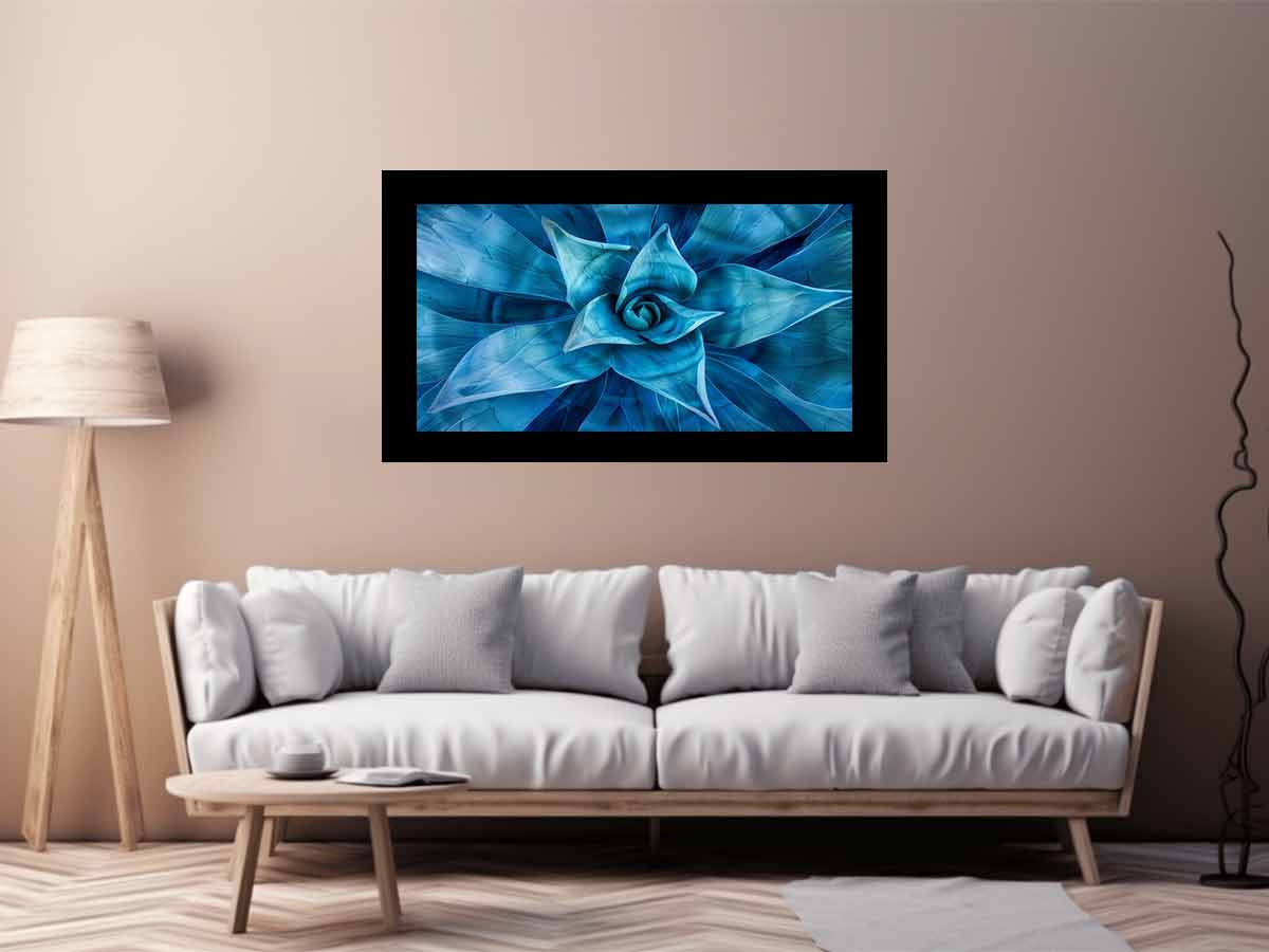 Blue agave succulent wall art for serene modern living room decor.