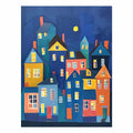 Colorful village house illustration canvas for playful nursery or hallway decor.